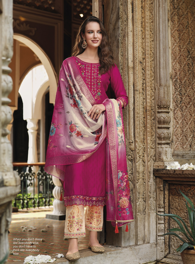 Pink Viscose Kurtis with Jacquard Digital Dupatta.