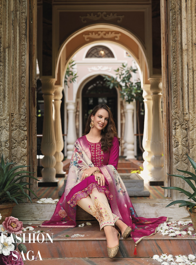 Pink Viscose Kurtis with Jacquard Digital Dupatta.