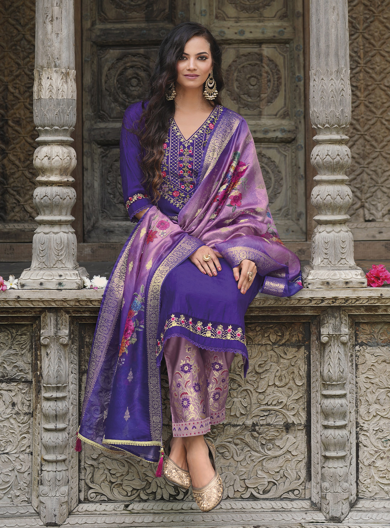 Royal Blue Viscose Kurtis with Jacquard Digital Dupatta.