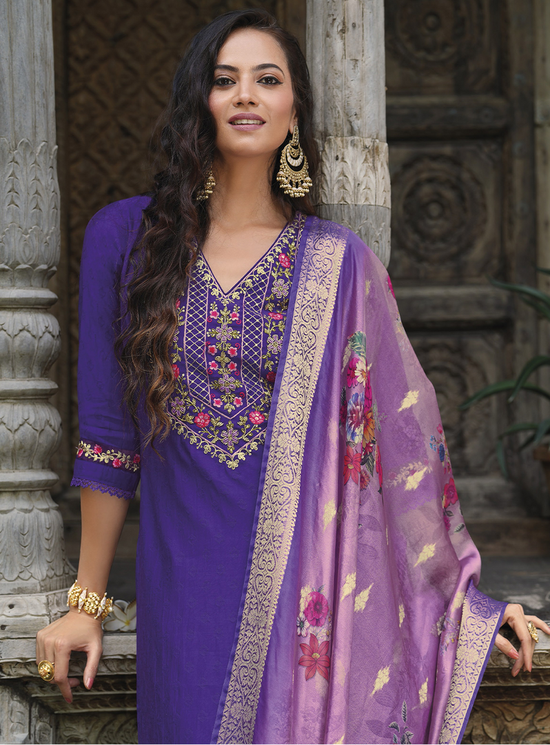 Royal Blue Viscose Kurtis with Jacquard Digital Dupatta.