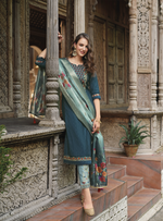 Load image into Gallery viewer, Teal Blue Viscose Kurtis with Jacquard Digital Dupatta.
