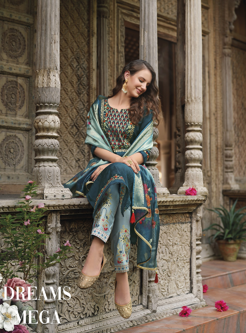 Teal Blue Viscose Kurtis with Jacquard Digital Dupatta.