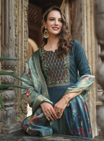 Load image into Gallery viewer, Teal Blue Viscose Kurtis with Jacquard Digital Dupatta.
