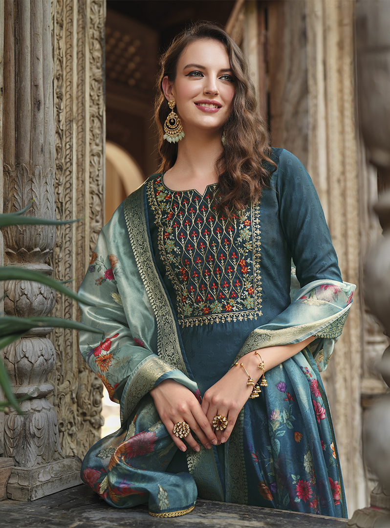 Teal Blue Viscose Kurtis with Jacquard Digital Dupatta.