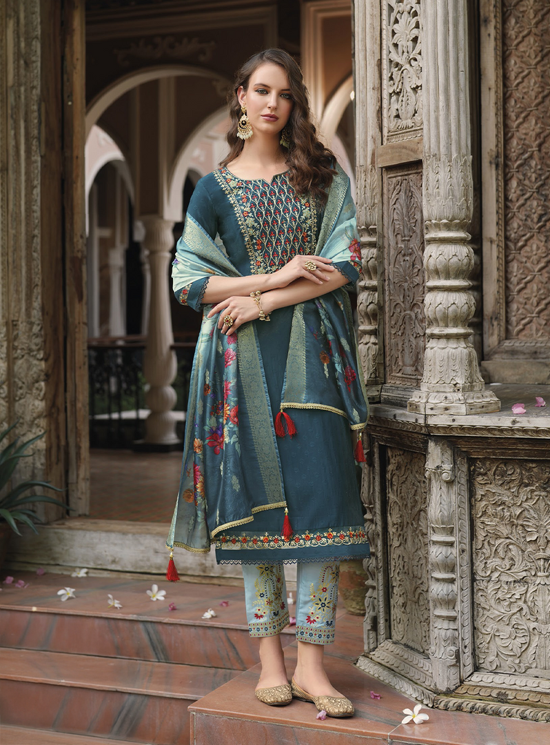 Teal Blue Viscose Kurtis with Jacquard Digital Dupatta.