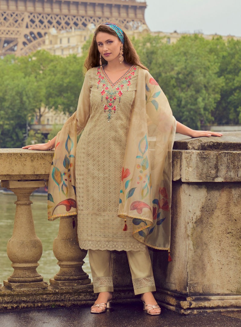 Khaki Color Handwork & Embroidered Chanderi Silk Kurta with Trousers & With Dupatta