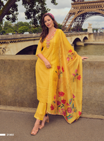 Load image into Gallery viewer, Yellow Color Handwork &amp; Embroidered Chanderi Silk Kurta with Trousers &amp; With Dupatta
