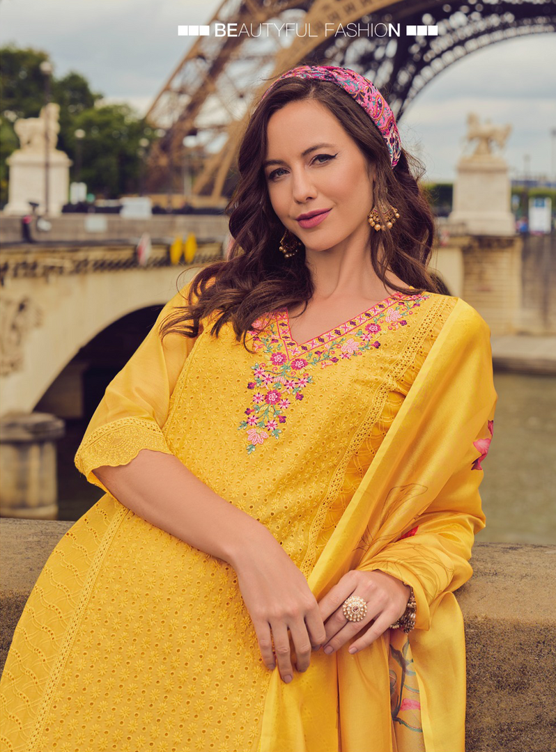 Yellow Color Handwork & Embroidered Chanderi Silk Kurta with Trousers & With Dupatta