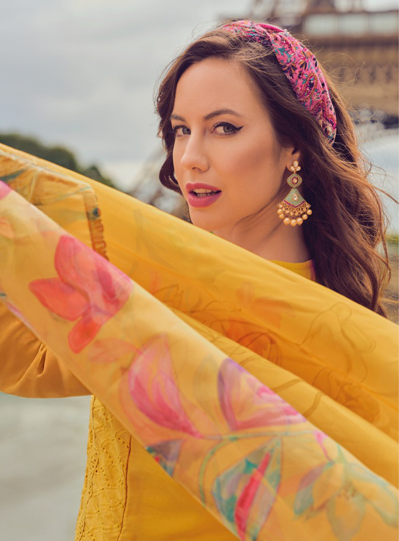 Yellow Color Handwork & Embroidered Chanderi Silk Kurta with Trousers & With Dupatta