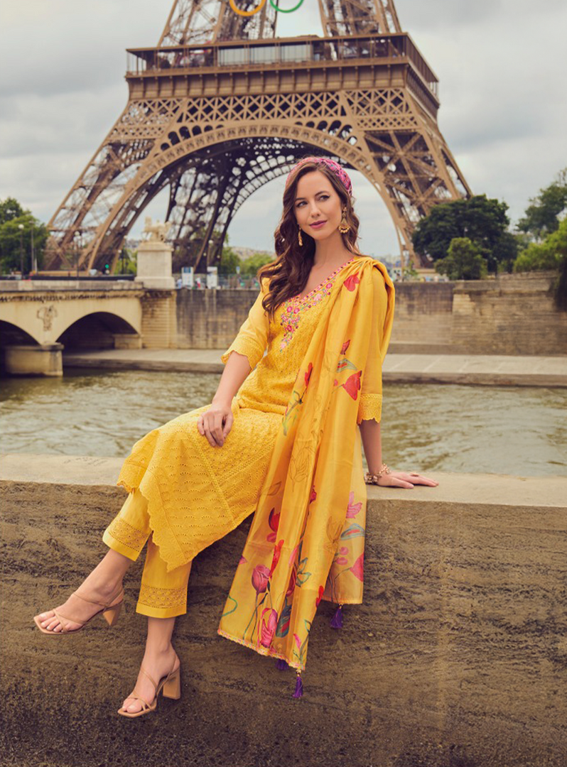 Yellow Color Handwork & Embroidered Chanderi Silk Kurta with Trousers & With Dupatta