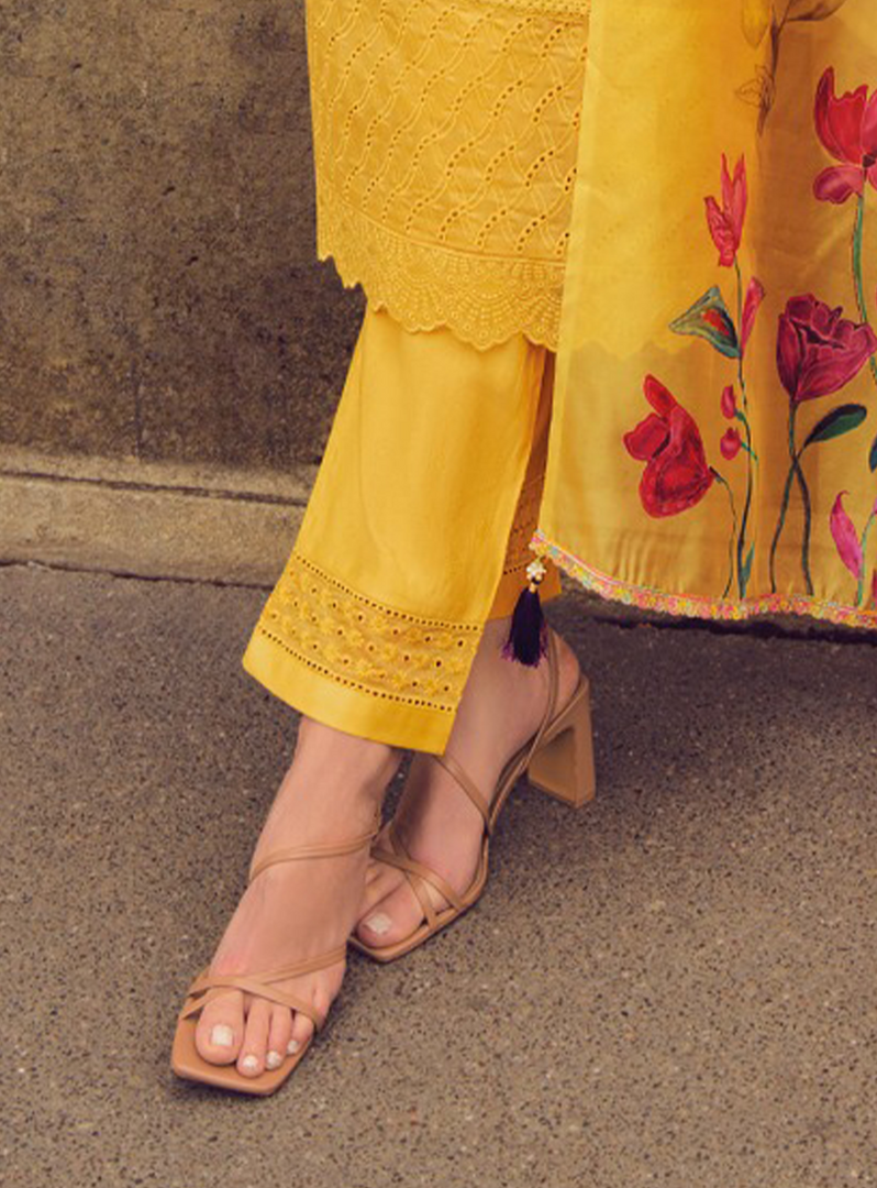 Yellow Color Handwork & Embroidered Chanderi Silk Kurta with Trousers & With Dupatta