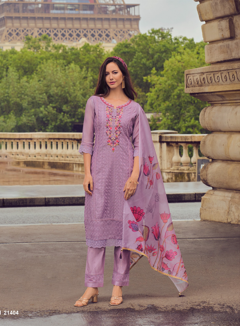 Lavender Handwork & Embroidered Chanderi Silk Kurta with Trousers & With Dupatta