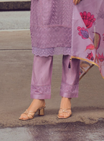 Load image into Gallery viewer, Lavender Handwork &amp; Embroidered Chanderi Silk Kurta with Trousers &amp; With Dupatta
