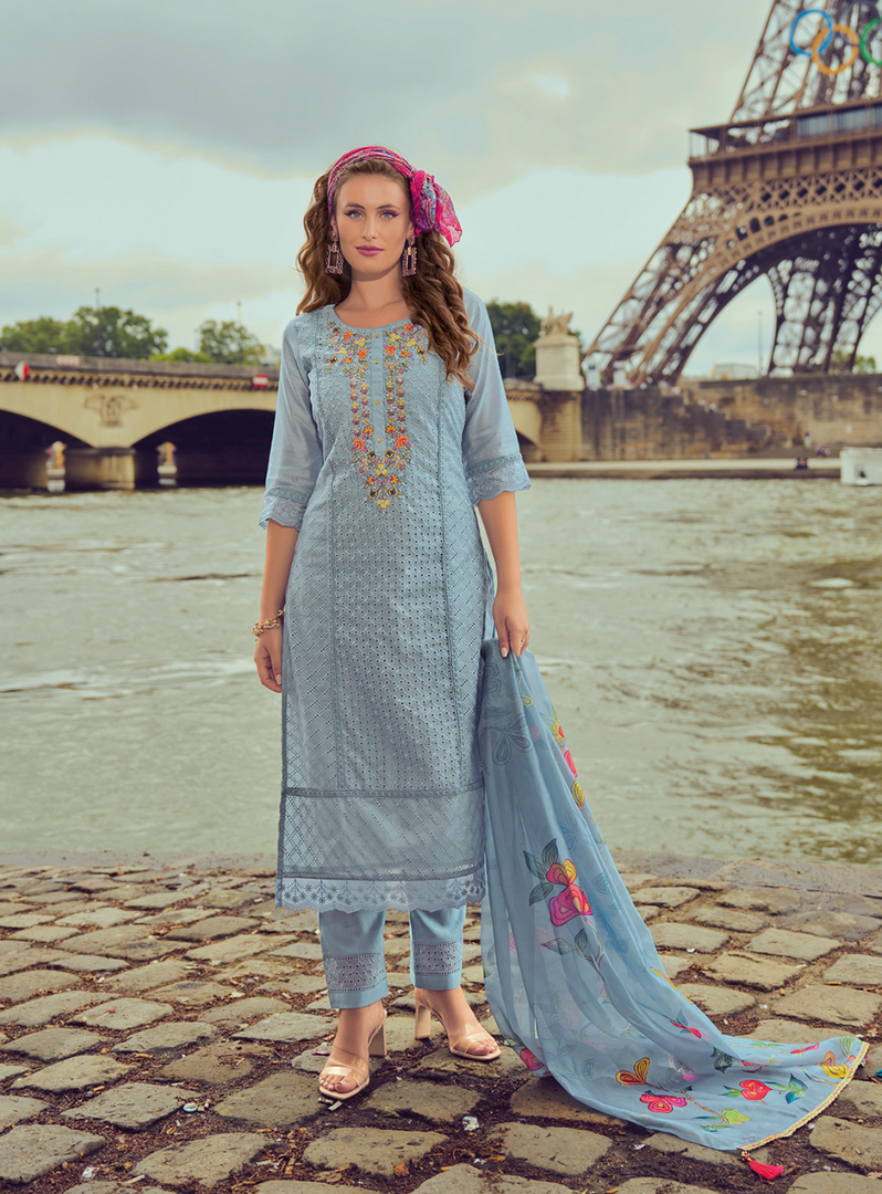 Pastel Blue Handwork & Embroidered Chanderi Silk Kurta with Trousers & With Dupatta