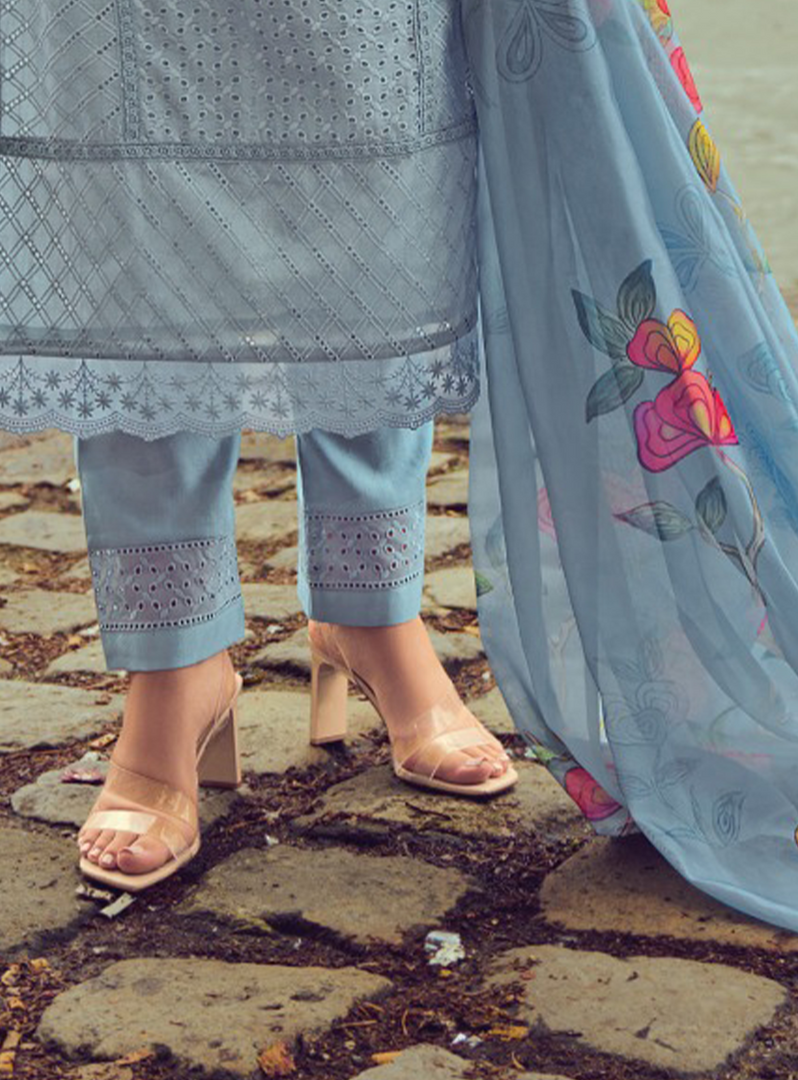 Pastel Blue Handwork & Embroidered Chanderi Silk Kurta with Trousers & With Dupatta