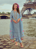 Load image into Gallery viewer, Pastel Blue Handwork &amp; Embroidered Chanderi Silk Kurta with Trousers &amp; With Dupatta
