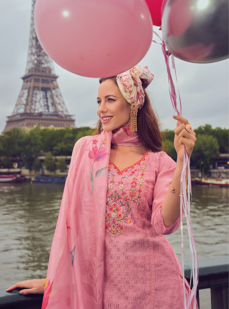 Soft Pink Handwork & Embroidered Chanderi Silk Kurta with Trousers & With Dupatta