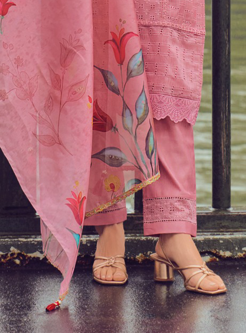 Soft Pink Handwork & Embroidered Chanderi Silk Kurta with Trousers & With Dupatta