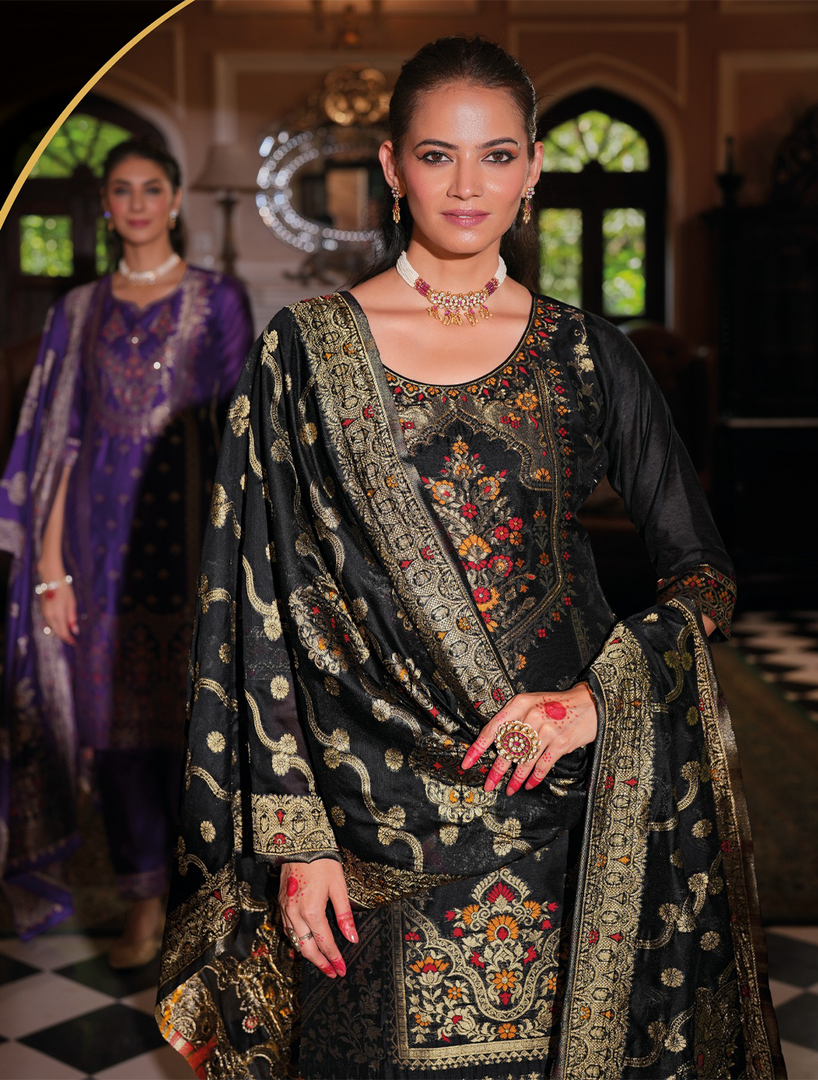 Black Banarasi Jacquard Silk Embroidered Stitched Suit Set