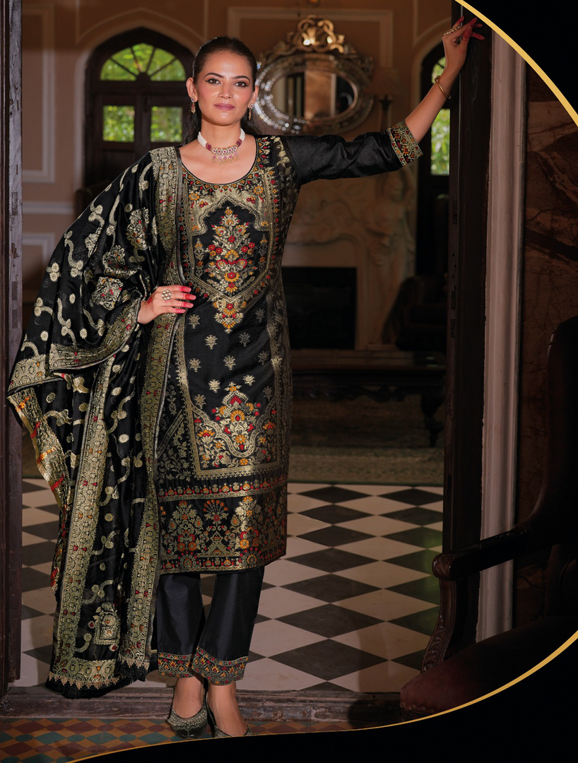 Black Banarasi Jacquard Silk Embroidered Stitched Suit Set