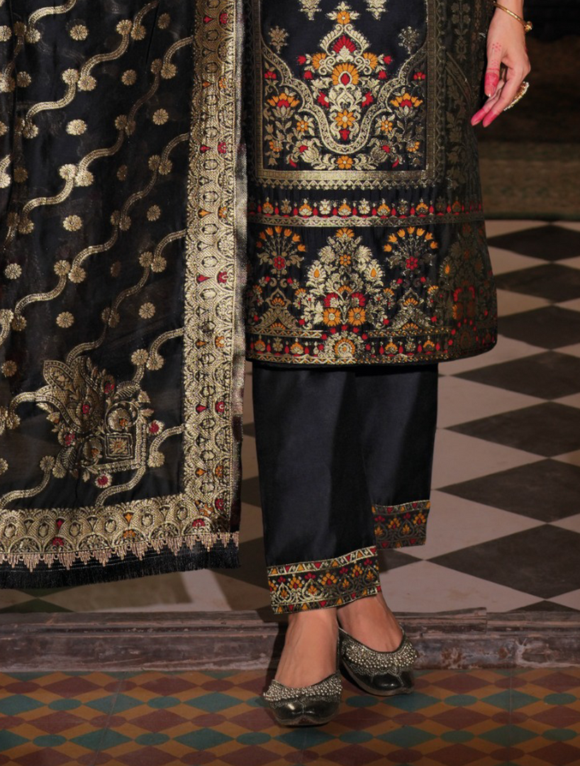 Black Banarasi Jacquard Silk Embroidered Stitched Suit Set