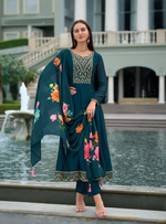 Load image into Gallery viewer, Teal Blue Anarkali Style Dress with Jari &amp; Sequence Work with Trousers &amp; With Dupatta
