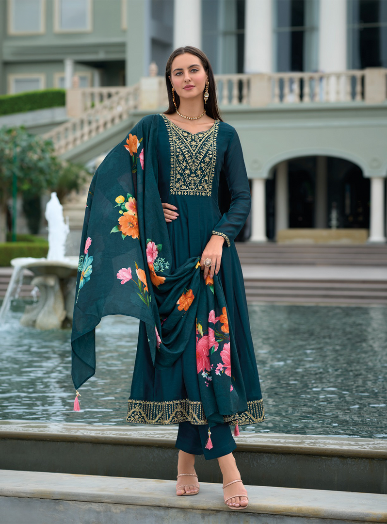 Teal Blue Anarkali Style Dress with Jari & Sequence Work with Trousers & With Dupatta