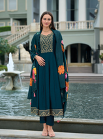 Load image into Gallery viewer, Teal Blue Anarkali Style Dress with Jari &amp; Sequence Work with Trousers &amp; With Dupatta
