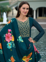 Load image into Gallery viewer, Teal Blue Anarkali Style Dress with Jari &amp; Sequence Work with Trousers &amp; With Dupatta
