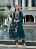 Load image into Gallery viewer, Teal Blue Anarkali Style Dress with Jari &amp; Sequence Work with Trousers &amp; With Dupatta
