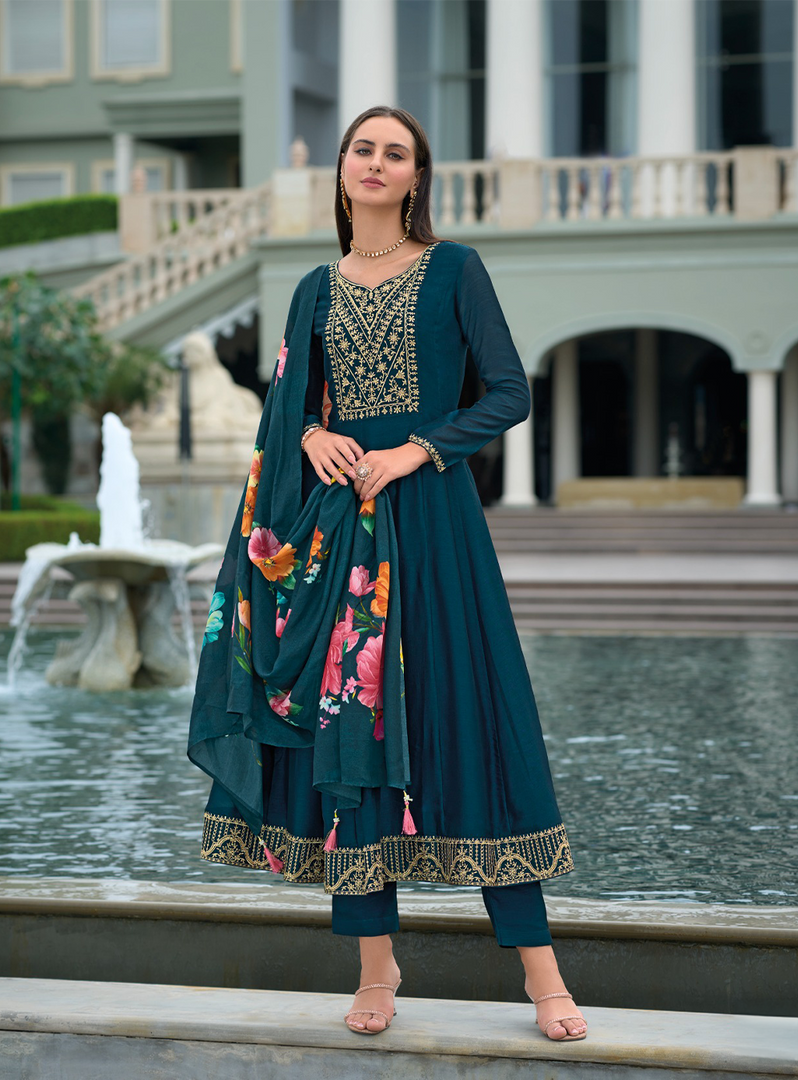 Teal Blue Anarkali Style Dress with Jari & Sequence Work with Trousers & With Dupatta