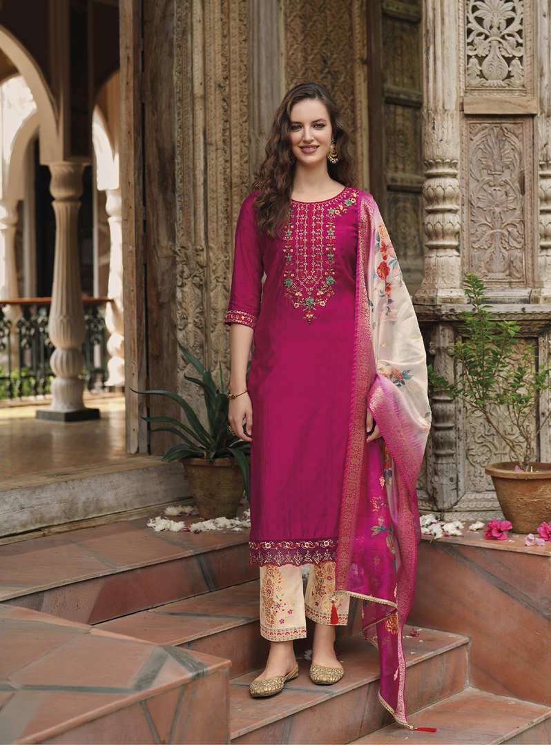 Pink Viscose Kurtis with Jacquard Digital Dupatta.