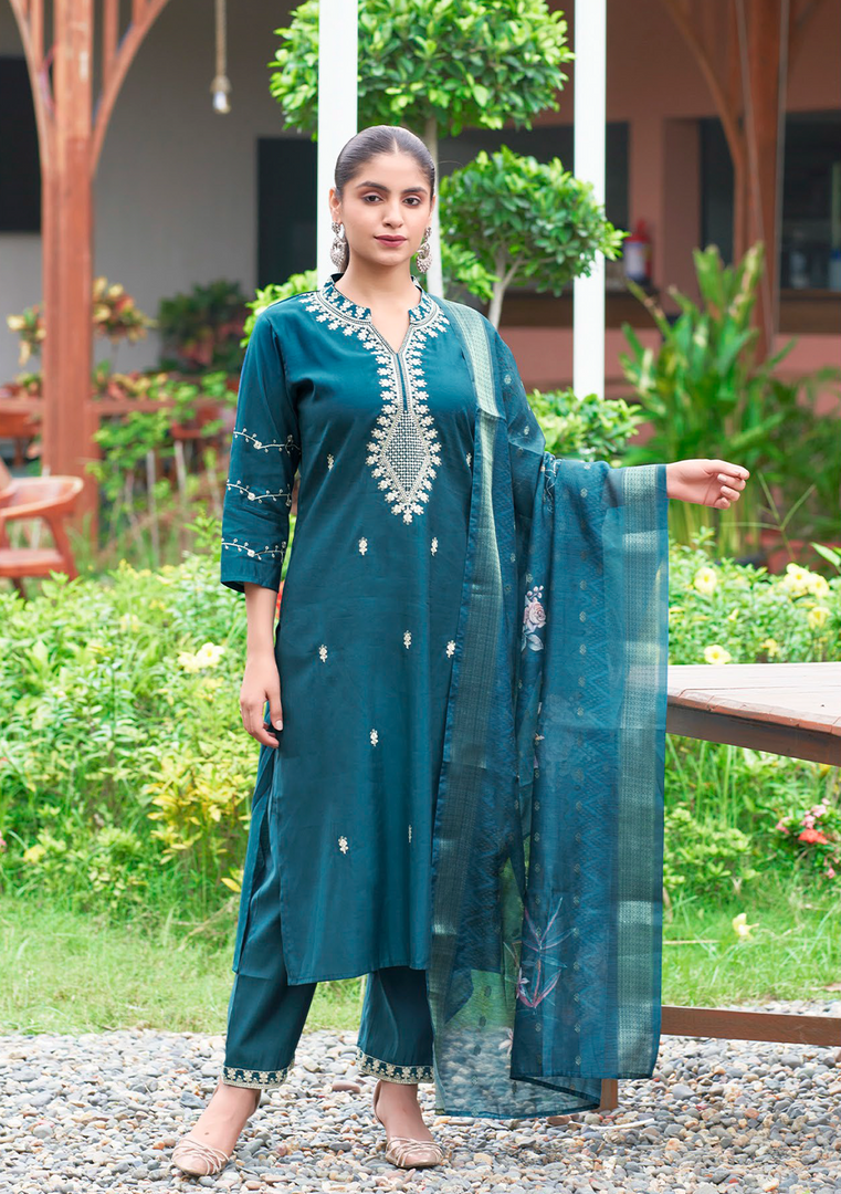 Deap Teal Fancy Embroidery Kurti