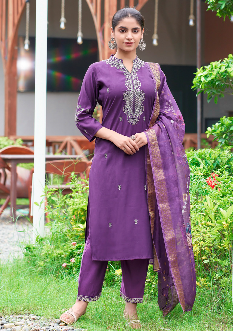 Purple Fancy Embroidery Kurti