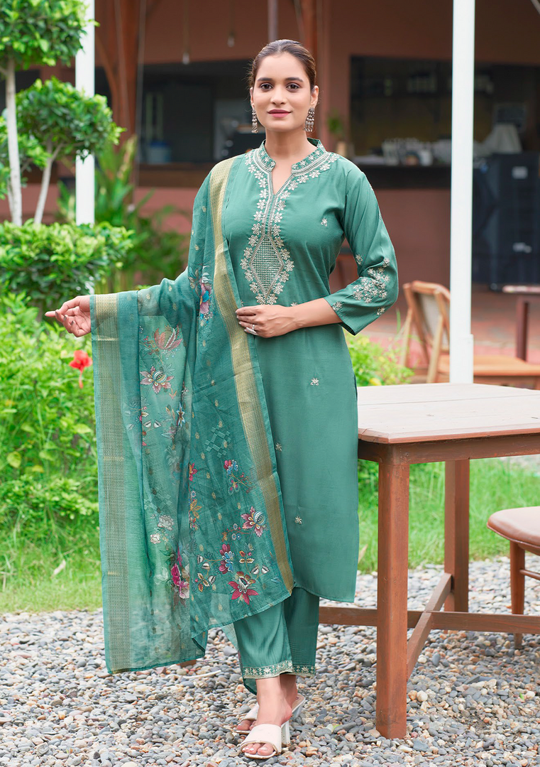 Teal Green Fancy Embroidery Kurti