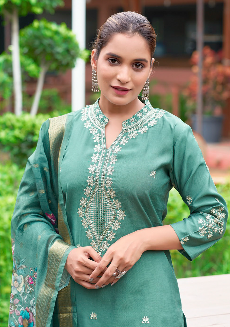 Teal Green Fancy Embroidery Kurti