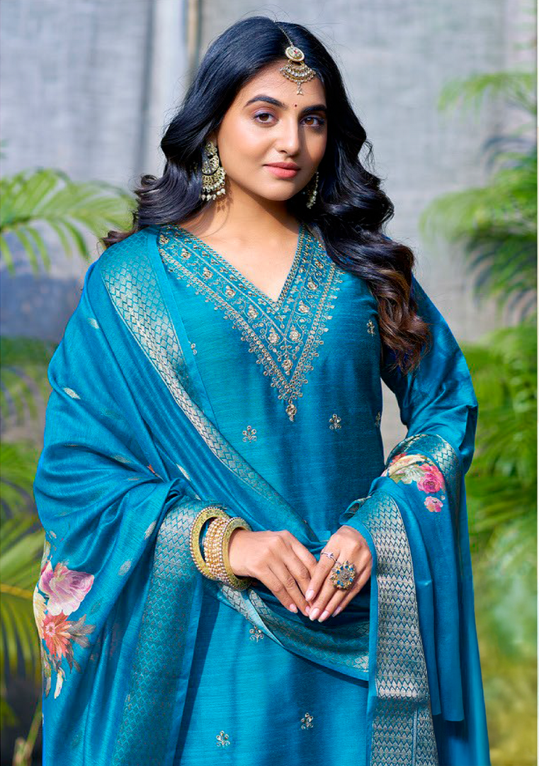 Blue Bangalore Silk with Embroidery and Muslin Digital Print Dupatta