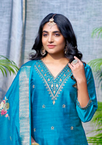 Load image into Gallery viewer, Blue Bangalore Silk with Embroidery and Muslin Digital Print Dupatta
