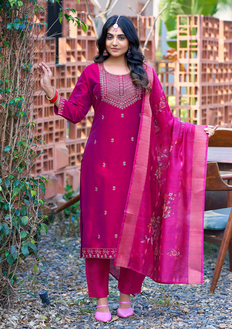 Pink Color Bangalore Silk with Embroidery and Muslin Digital Print Dupatta