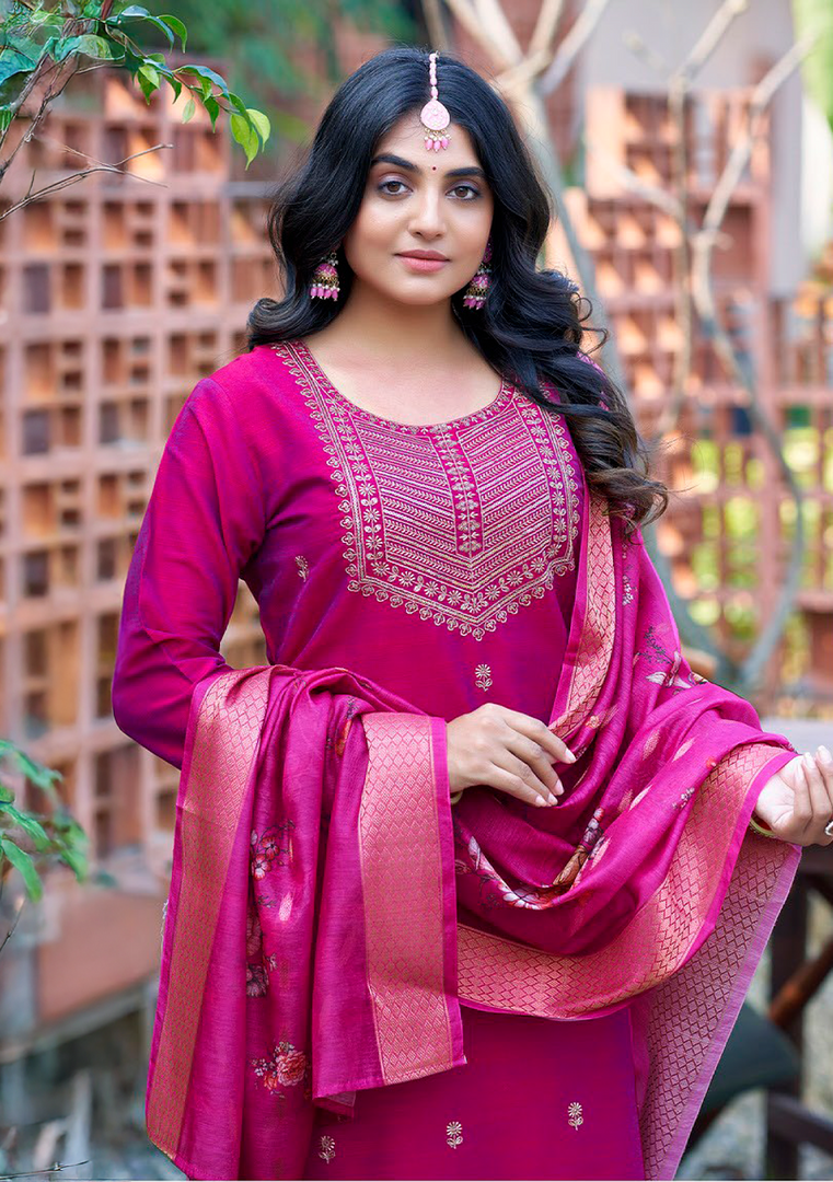 Pink Color Bangalore Silk with Embroidery and Muslin Digital Print Dupatta