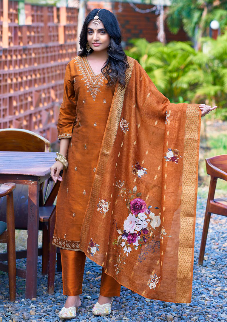 Desert Brown Bangalore Silk with Embroidery and Muslin Digital Print Dupatta