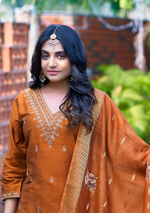 Load image into Gallery viewer, Desert Brown Bangalore Silk with Embroidery and Muslin Digital Print Dupatta
