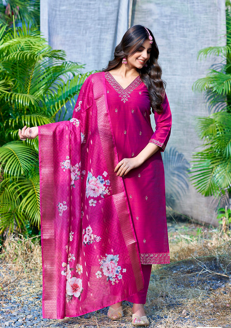 Magenta Pink Color Bangalore Silk with Embroidery and Muslin Digital Print Dupatta