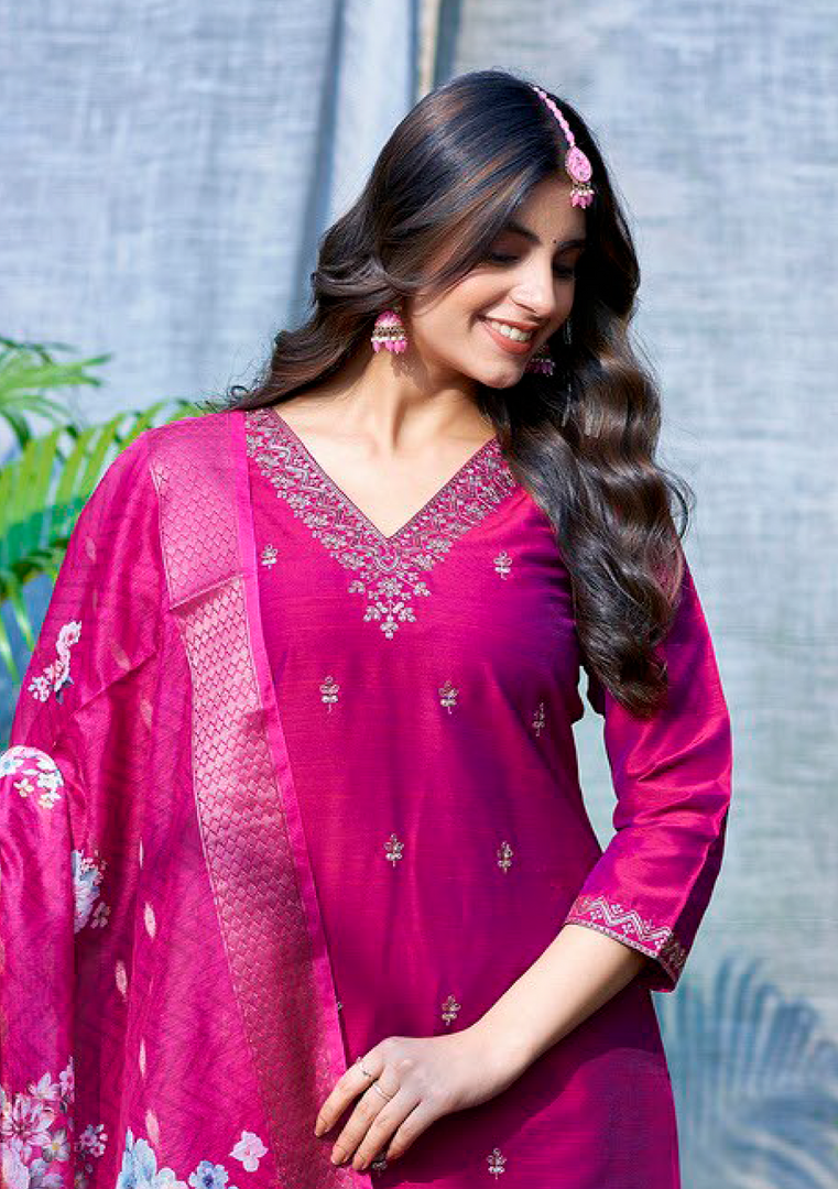 Magenta Pink Color Bangalore Silk with Embroidery and Muslin Digital Print Dupatta