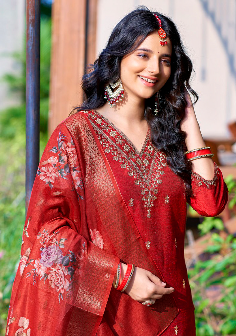 Red Bangalore Silk with Embroidery and Muslin Digital Print Dupatta