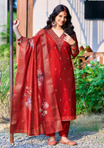 Load image into Gallery viewer, Red Bangalore Silk with Embroidery and Muslin Digital Print Dupatta
