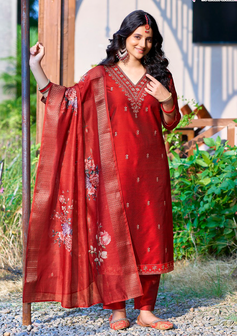 Red Bangalore Silk with Embroidery and Muslin Digital Print Dupatta