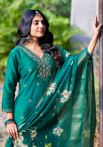 Load image into Gallery viewer, Teal Green Bangalore Silk with Embroidery and Muslin Digital Print Dupatta
