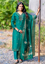 Load image into Gallery viewer, Teal Green Bangalore Silk with Embroidery and Muslin Digital Print Dupatta
