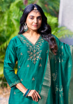 Load image into Gallery viewer, Teal Green Bangalore Silk with Embroidery and Muslin Digital Print Dupatta
